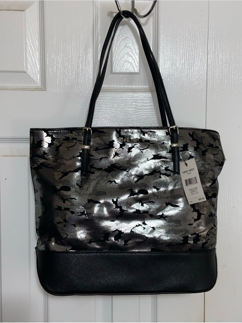 Nine West Black and Silver Metallic Pattern Tote